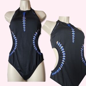 New𝅺 Kenneth Cole Black Cutout Mesh Detail Full Coverage One Piece Swimsuit  S